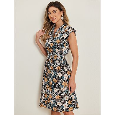 Women's Cap Sleeve Drawstring Waist Summer Chiffon Floral A-Line Shirt Dress