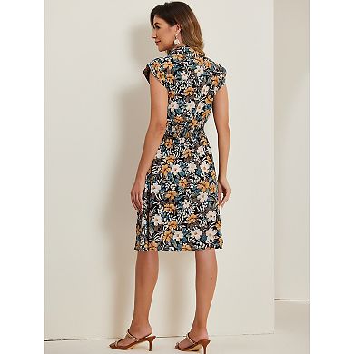 Women's Cap Sleeve Drawstring Waist Summer Chiffon Floral A-Line Shirt Dress