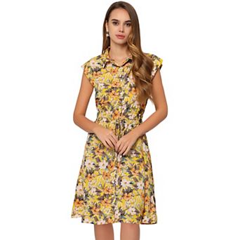 Women's Cap Sleeve Drawstring Waist Summer Chiffon Floral A-line Shirt Dress