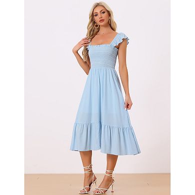 Smocked Sundress for Women’s Causal Square Neck Boho Sleeveless Ruffle Tiered Midi Dress