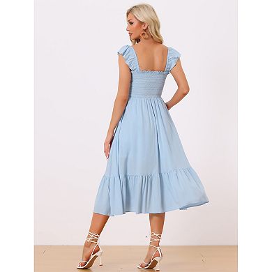 Smocked Sundress for Women’s Causal Square Neck Boho Sleeveless Ruffle Tiered Midi Dress