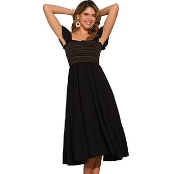 Women's Smocked Sundress Casual Square Neck Sleeveless Ruffle Tiered Midi Dress