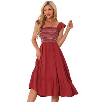 Women's Smocked Sundress Casual Square Neck Sleeveless Ruffle Tiered Midi Dress