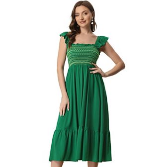 Women's Smocked Sundress Casual Square Neck Sleeveless Ruffle Tiered Midi Dress