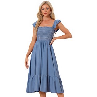 Women's Smocked Sundress Casual Square Neck Sleeveless Ruffle Tiered Midi Dress