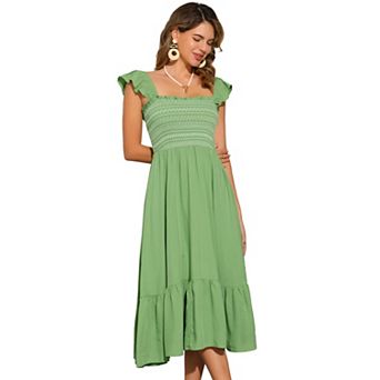 Women's Smocked Sundress Casual Square Neck Sleeveless Ruffle Tiered Midi Dress