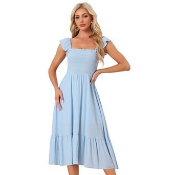 Women's Smocked Sundress Casual Square Neck Sleeveless Ruffle Tiered Midi Dress