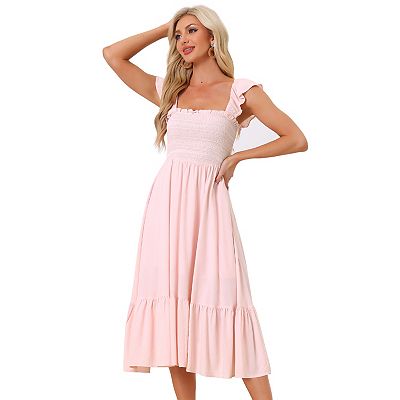 Boho Square Neck Ruffle Tiered Flowy Smocked Midi Dress Sundress, Pink / S