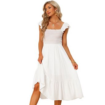 Women's Smocked Sundress Casual Square Neck Sleeveless Ruffle Tiered Midi Dress