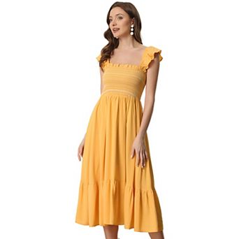 Women's Smocked Sundress Casual Square Neck Sleeveless Ruffle Tiered Midi Dress