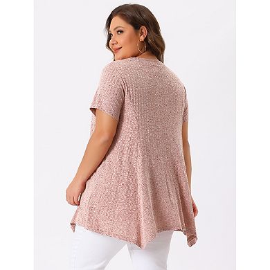 Women's Plus Size Short Sleeve Round Neck Solid Asymmetrical Top