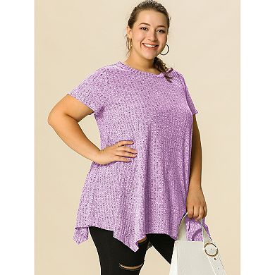 Women's Plus Size Short Sleeve Round Neck Solid Asymmetrical Top