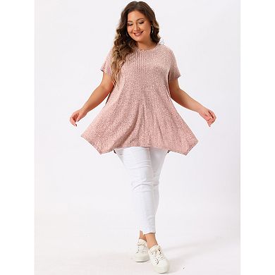 Women's Plus Size Short Sleeve Round Neck Solid Asymmetrical Top