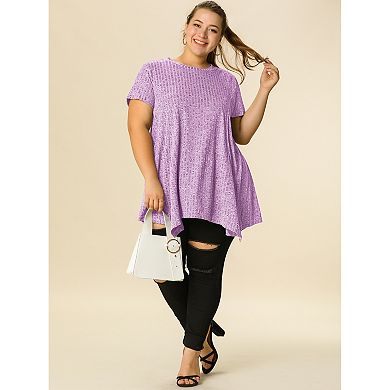 Women's Plus Size Short Sleeve Round Neck Solid Asymmetrical Top