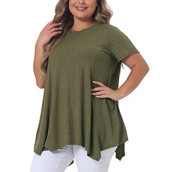 Women's Plus Size Short Sleeve Round Neck Solid Asymmetrical Top