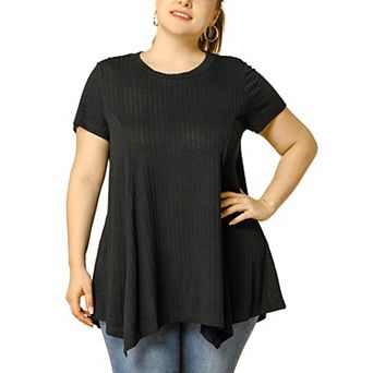 Women's Plus Size Short Sleeve Round Neck Solid Asymmetrical Top