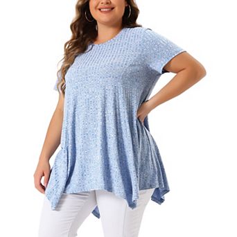 Women's Plus Size Short Sleeve Round Neck Solid Asymmetrical Top