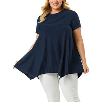 Women's Plus Size Short Sleeve Round Neck Solid Asymmetrical Top