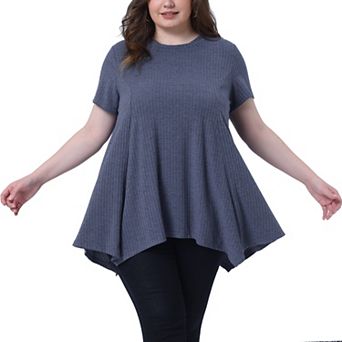 Women's Plus Size Short Sleeve Round Neck Solid Asymmetrical Top