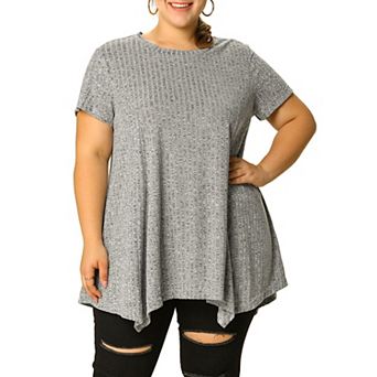 Women's Plus Size Short Sleeve Round Neck Solid Asymmetrical Top
