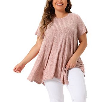 Women's Plus Size Short Sleeve Round Neck Solid Asymmetrical Top