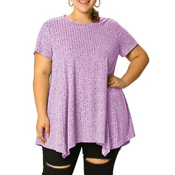 Women's Plus Size Short Sleeve Round Neck Solid Asymmetrical Top