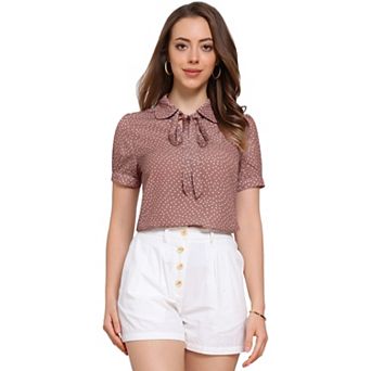 Women's Retro Dots Blouses Bow Tie Peter Pan Collar Chiffon Blouse