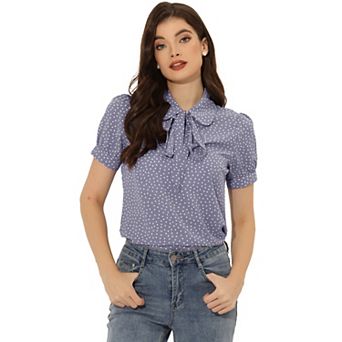Women's Retro Dots Blouses Bow Tie Peter Pan Collar Chiffon Blouse