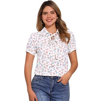 Women's Retro Dots Blouses Bow Tie Peter Pan Collar Chiffon Blouse