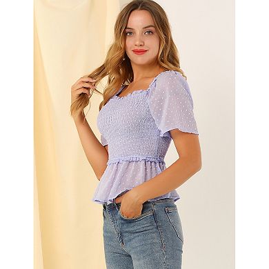 Women's Smocked Square Neck Semi-Sheer Ruffle Summer Swiss Dots Blouse