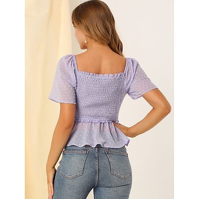 Women's Smocked Square Neck Semi-Sheer Ruffle Summer Swiss Dots Blouse