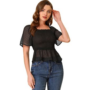 Women's Smocked Square Neck Semi-Sheer Ruffle Summer Swiss Dots Blouse