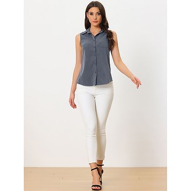 Denim Button Down Shirt for Women's Sleeveless Lapel V Neck Chambray Tunic Top