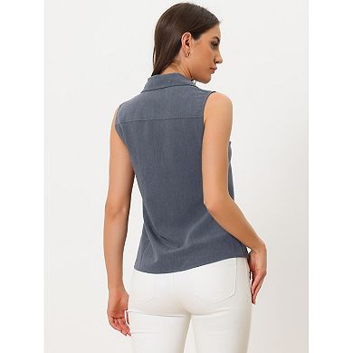 Denim Button Down Shirt for Women's Sleeveless Lapel V Neck Chambray Tunic Top
