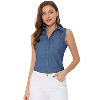 Denim Button Down Shirt For Women's Sleeveless Lapel V Neck Chambray Tunic Top