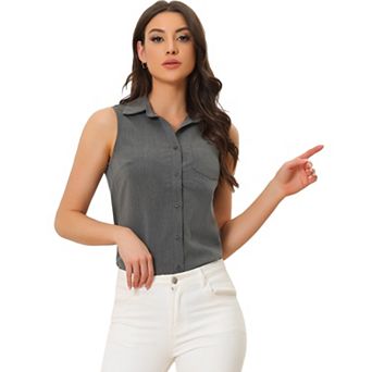 Denim Button Down Shirt For Women's Sleeveless Lapel V Neck Chambray Tunic Top