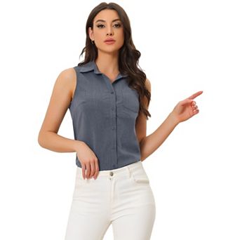 Denim Button Down Shirt For Women's Sleeveless Lapel V Neck Chambray Tunic Top