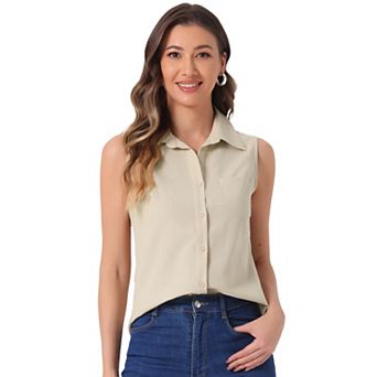 Denim Button Down Shirt For Women's Sleeveless Lapel V Neck Chambray Tunic Top