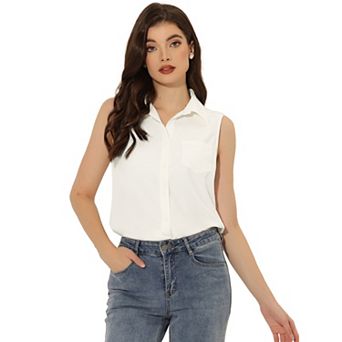 Denim Button Down Shirt For Women's Sleeveless Lapel V Neck Chambray Tunic Top