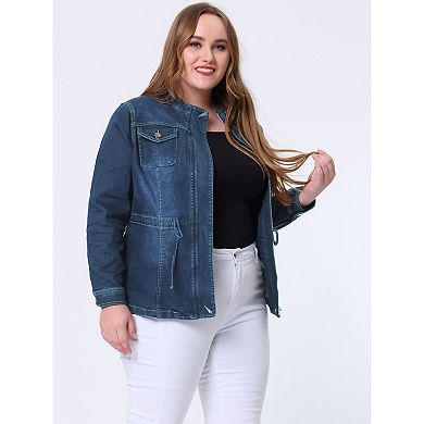 Women's Plus Size Fall Outfits Drawstring Waist Zipper Denim Jacket