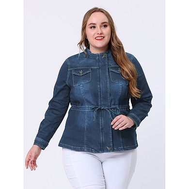 Women's Plus Size Fall Outfits Drawstring Waist Zipper Denim Jacket