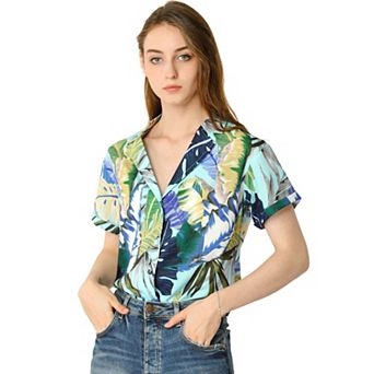 Women's Hawaiian Beach Floral Leaves Button Down Shirt Whites X SMALL