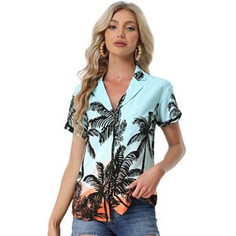 Women's Hawaiian Beach Floral Leaves Button Down Shirt