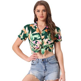 Women's Hawaiian Beach Floral Leaves Button Down Shirt Whites X SMALL