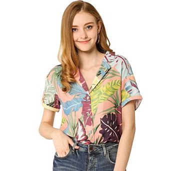 Women's Hawaiian Beach Floral Leaves Button Down Shirt