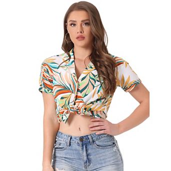 Women's Hawaiian Beach Floral Leaves Button Down Shirt Whites X SMALL