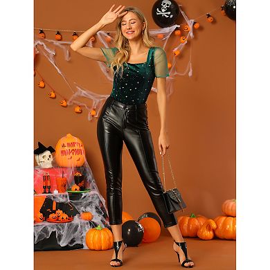 Women's Square Neck Glitter Star Pattern Short Sleeve Velvet Top