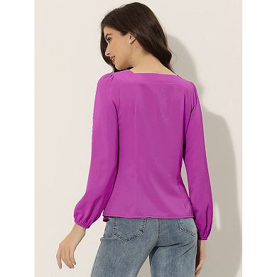 Women's Casual Button Decor Solid Square Neck Top Pink X LARGE