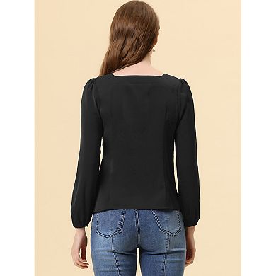 Women's Casual Button Decor Solid Square Neck Top Pink X LARGE
