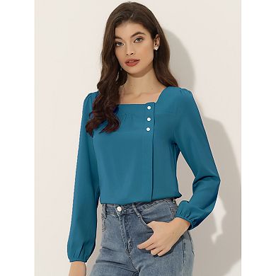 Women's Casual Button Decor Solid Square Neck Top Pink X LARGE
